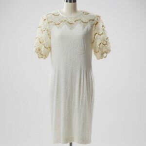 Vintage Leslie Fay 80s White Gold Puff Sleeve Sequin Cocktail Dress Size 10